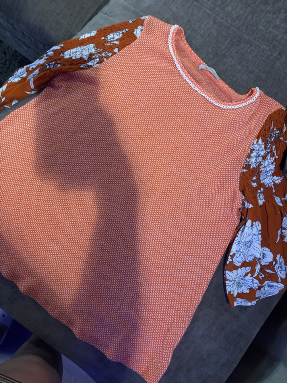 Ces Femme Coral Textured Knit Top with Floral Puff Sleeves